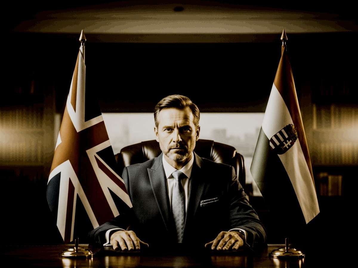 Geschäftsmann am Schreibtisch mit britischer und ungarischer Flagge – Hungarian Trading House Struktur